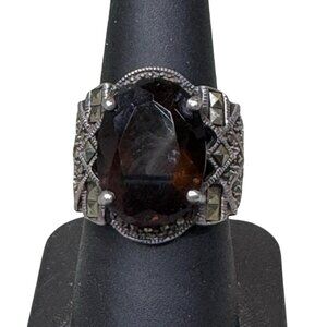 Victorian Art Deco Sterling Silver Ring Smoky Topaz Gemstone Engraved Band Sz 8